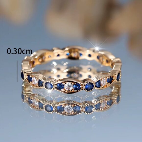 NEW 14k Yellow Gold Diamond Ring Band Blue Sapphire Stackable Ring - Picture 6 of 6